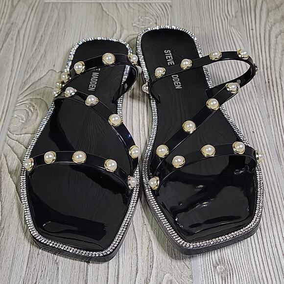 Steve Madden Nonii Black Pearl Embellished Studded Flat Sandals Womens 10 NEW - Picture 4 of 14